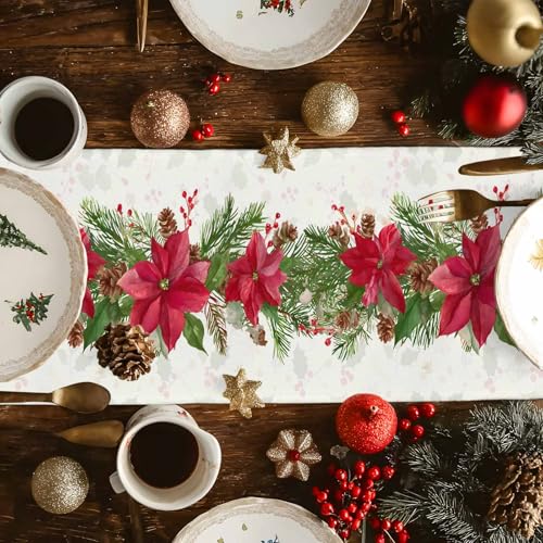 Smile Sunflower 13x72in Christmas Table Runner with Poinsettia & Floral Decor - Non-Slip, washable
