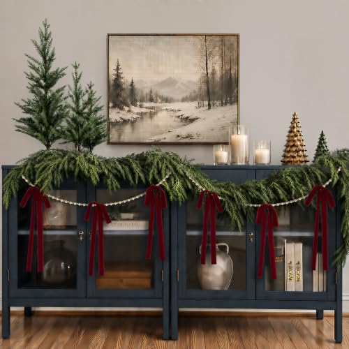 Burgundy Wine Red Velvet Bow & Pearl Garland Set - 2 x 7.2 Ft Christmas Decor