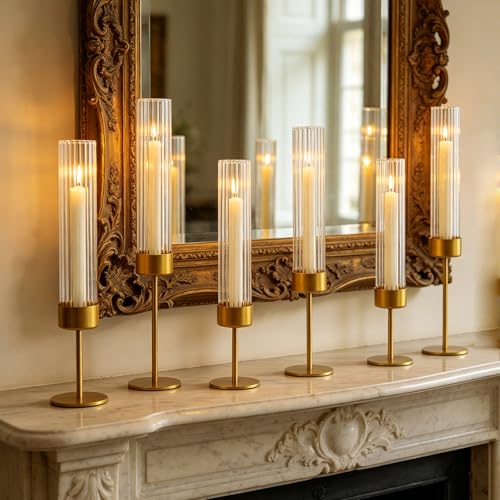 Etolies Gold Glass Hurricane Candle Holders Set of 6 – Tall Ribbed Cylinders for Weddings & Holidays