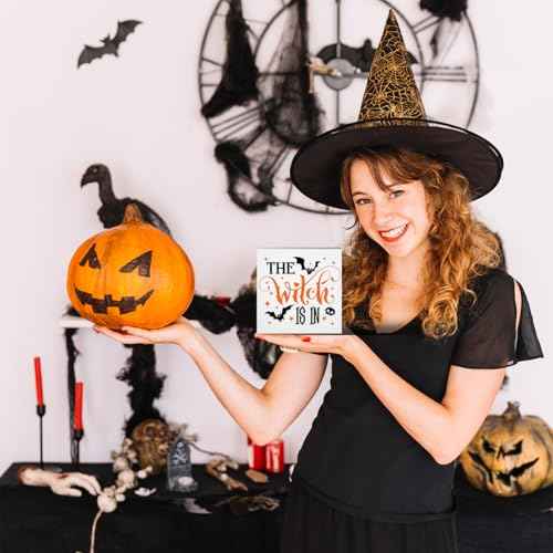 Cute Halloween Desk Decor, Halloween Decorations Indoor Signs Witch Bat Decor, The Witch Is In Sign Home Office Desk Shelf Cubicle 5 x 5 inch