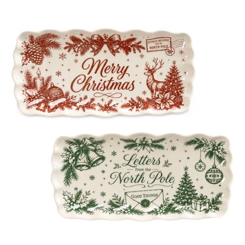 Beesen Christmas Melamine Serving Trays Set of 2 15.5x8 North Pole Red & Green Scalloped