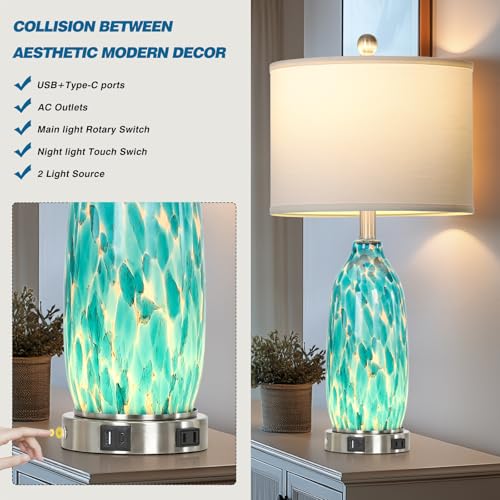 Peacock Green Glass Table Lamps Set of 2 with USB Ports & Night Light - Coastal Nautical Bedside Lamps