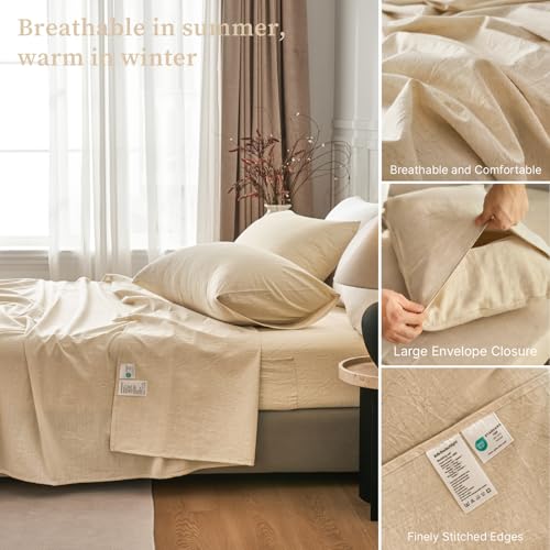 King Size Cotton Linen Bed Sheet Set with Deep Pockets - Natural Linen, 4 Piece