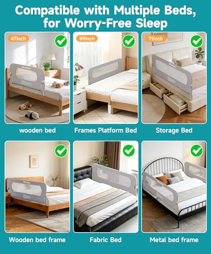 Toddler Bed Rail 71 Inch Foldable Safety Guard with Double Crossbar - Grey / 1 Side