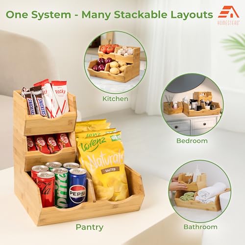 Medium Bamboo Pantry Storage Bins Set of 3 Stackable Fruit & Vegetable Organizer