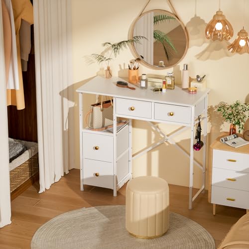 3IngSeagulls Small White Vanity Desk with 4 Fabric Drawers, Reversible Open Shelf, No Mirror