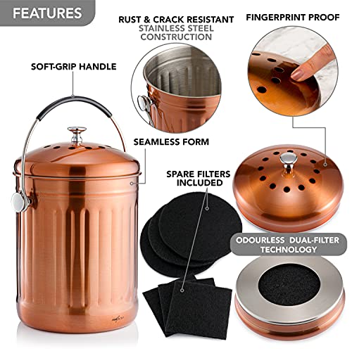 Stainless Steel Compost Bin for Kitchen Countertop - Premium 1.3 Gallon with Dual Filter - Matt Copper