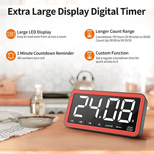 VOCOO 7.8-Inch Digital Timer Black Red Magnetic LED Kitchen & Classroom Timer