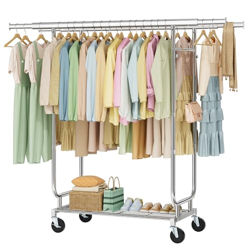 Heavy Duty Rolling Clothes Rack with Storage Shelf - Silver, 620 LBS Capacity, Adjustable Double Rod
