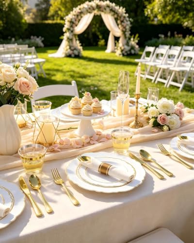 realluck Gold Rim Dinnerware Set for 50 Guests - 350 Pcs Disposable Plates & Cutlery