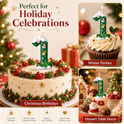 Christmas Number 1 Birthday Candle Green Bell - Cake Topper with Pick, Xmas Tree Holiday Décor