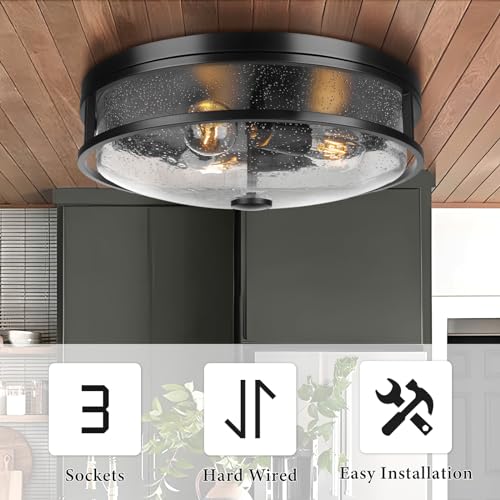Rosient 16 Inch Large Black Flush Mount Ceiling Light Fixture with Seeded Glass - Modern Farmhouse Indoor Outdoor Lighting for Kitchen, Dining & Living Room - ROS88-Large