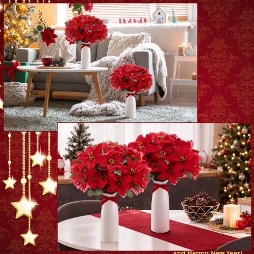 Yuefunny 2-Piece Red Christmas Poinsettia Picks with White Vase - Holiday Decor