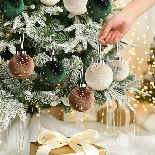 Upgraded Brown & Green Velvet Christmas Tree Ornaments 15PCS - Shatterproof Holiday Decorations