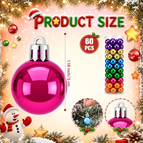 Simgoing 60 Pcs 1.18in Neon Christmas Ornament Balls with Hanging Rope