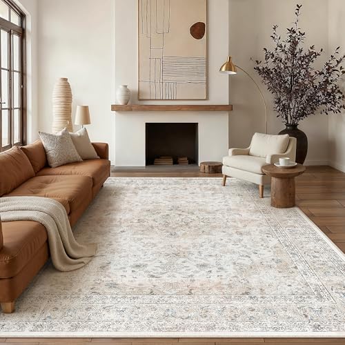 Vintage Beige & Grey 8x10 Washable Non-Slip Area Rug - Low Pile, Medallion Pattern