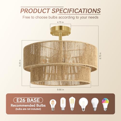 Brown 16.54-Inch Boho Rattan Ceiling Light Fixture - Semi Flush Mount for Bedroom, Dining, Kitchen