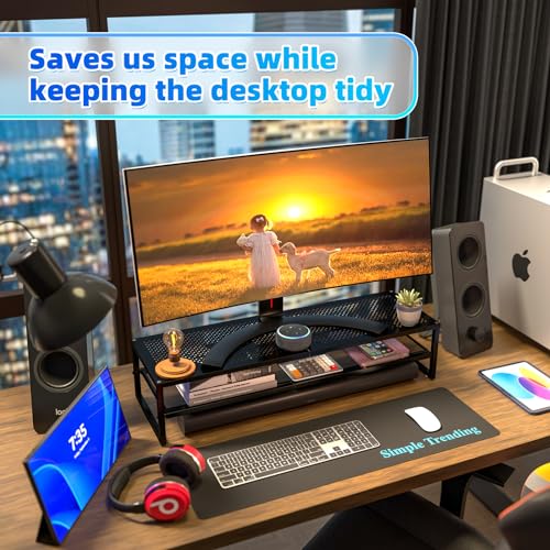 Dual Monitor Stand Riser with 32x10 Inch Mouse Pad, Black - Ergonomic & Sturdy
