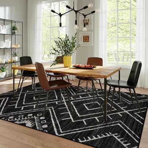 LIVEBOX Moroccan 8x10 Black Area Rug - Washable, Non-Slip Geometric Rug for Living Room & Bedroom
