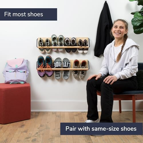 Wall Mounted Shoe Rack - 30-Inch Wide Wooden Slim Shoe Organizer Pack of 2