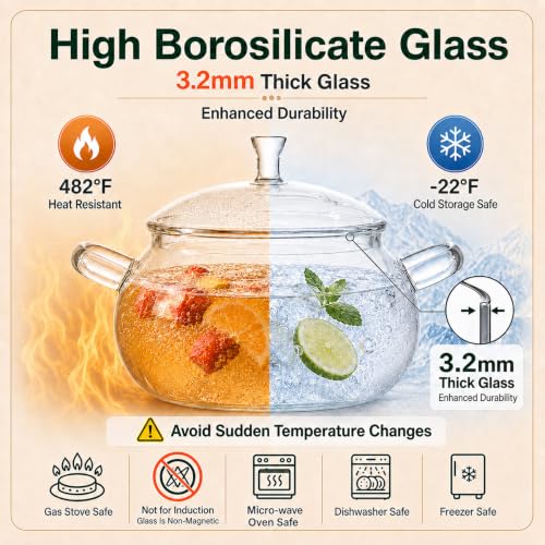 3L Borosilicate Glass Simmer Pot for Stove Top Cooking, Durable & Easy to Clean