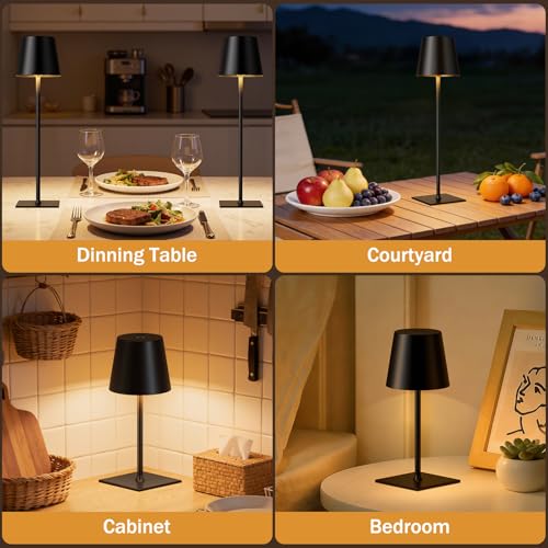 Kakanuo 2 Pack Cordless Rechargeable Table Lamps with Touch Dimming, 5000mAh Battery, Night Light for Dining & Camping - Black-1/2 Pack