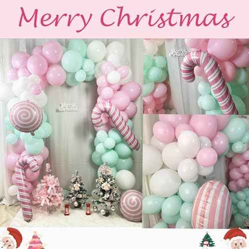 Christmas Balloon Arch Kit 137pcs Pink Christmas Balloon Garland With Pink Teal Blue White Latex Balloons Pink Candy Cane and Xmas Tree Foil Balloons For Christmas Baby Shower Party Decorations