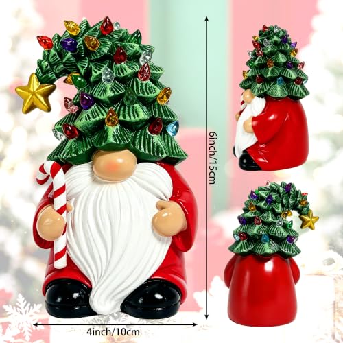 Lighted Christmas Tree Gnome Figurine - 7 Inch Table Decor with Pedestal - Resin Holiday Ornament