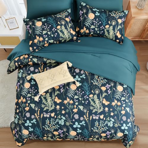Queen Size Peacock Blue Floral Comforter Set - 7 Pieces Bedding with Reversible Design