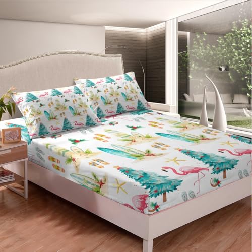 Pink & Green Twin Microfiber Fitted Sheet Set - 4 Piece Summer Beach Bedding
