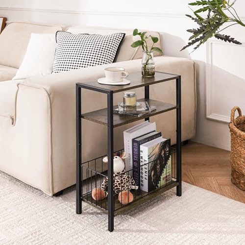 Rustic Brown Narrow Side Table with Storage Basket - Small Space End Table