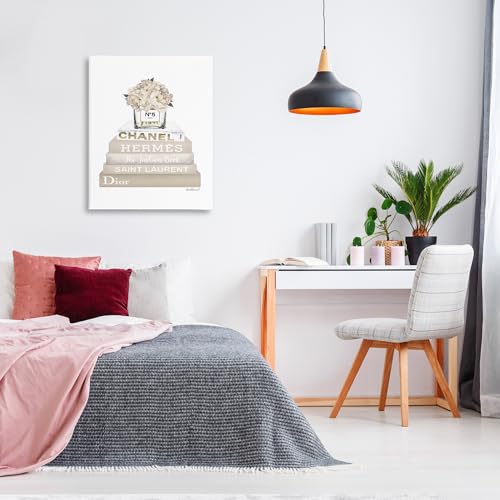 The Stupell Home Décor Collection High Fashion Bookstack with Tan Flowers Stretched Canvas Wall Art, 30 x 40, Multi-Color