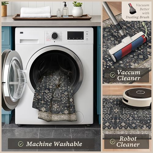 JTJ Set of 3 Black Boho Vintage Washable Non-Slip Kitchen Rugs 20x32 + 20x48 + 20x59 inches