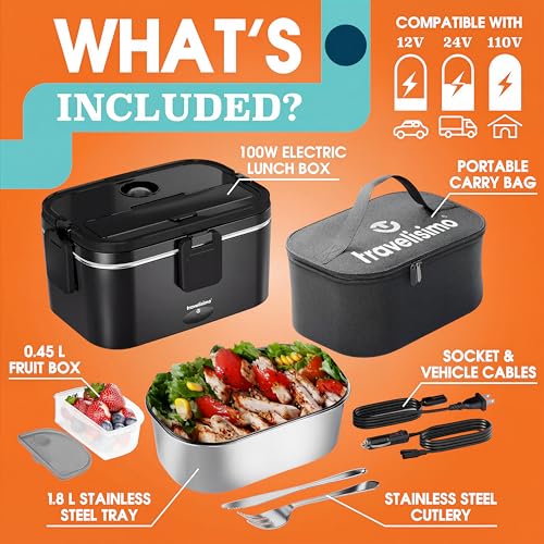 Black Extra-Large Electric Lunch Box 1.8L 100W Portable Food Warmer for Travel & Work