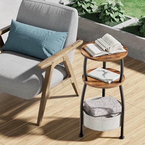 Yuede Rustic Brown 11.81in Round Side Table with Storage Basket - Small Space Organizer