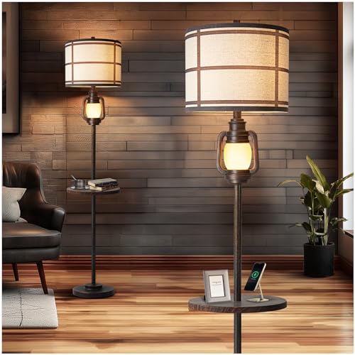 Dark Bronze Rustic Farmhouse Floor Lamp with Nightlight and Metal Tray