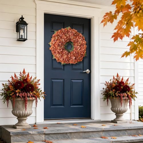 21-Inch Artificial Fall Hydrangea Wreath for Front Door Decor - Orange, Lush & Durable