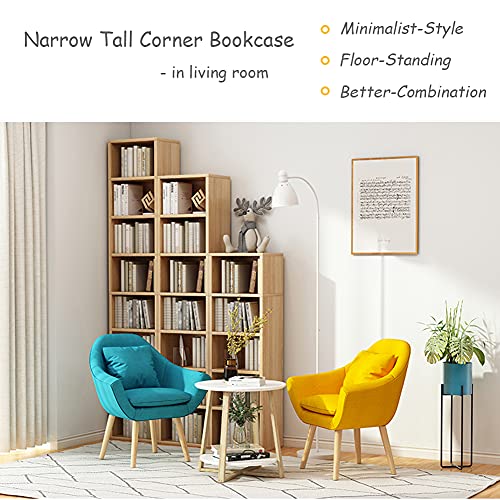 IOTXY Narrow Corner Bookcase with Door - Oak 71" Tall Storage Cabinet