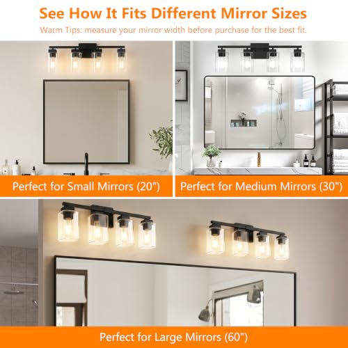 Bathroom Vanity Light Fixture - 27 Inch 4-Light Black Over Mirror - Modern Design with Glass Shades
