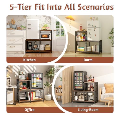 Rustic 5-Tier Mini Fridge & Microwave Stand with Storage - Heavy-Duty Kitchen Rack