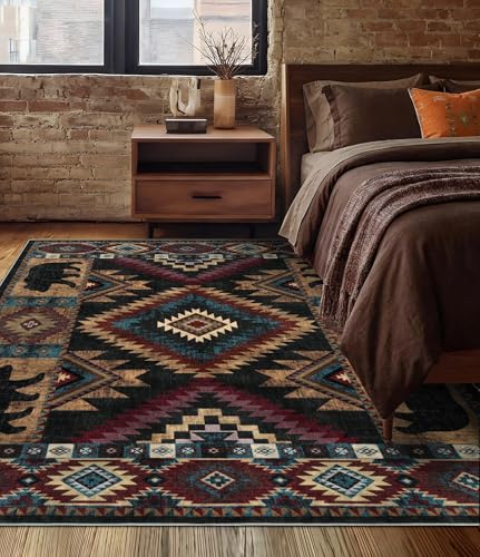 Bear 5x7 Washable Rustic Cabin Area Rug - Non Slip, Pet Friendly, Low Pile