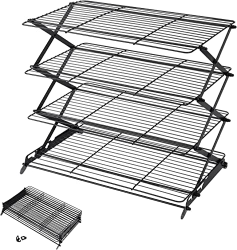 4-Tier Collapsible Cooling Rack - Adjustable Stackable Baking & Roasting Wire Stand, Black