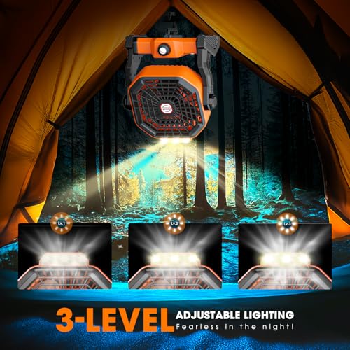 Orange Solar Powered Fan with 12-40H Runtime and LED Lantern – 8-Inch Portable Camping Fan