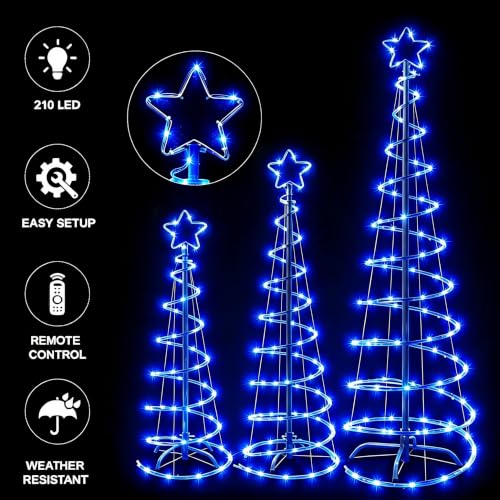 FLAGLY Blue 3-4-5FT Lighted Christmas Spiral Trees Set with Stakes – Indoor & Outdoor Holiday Decor