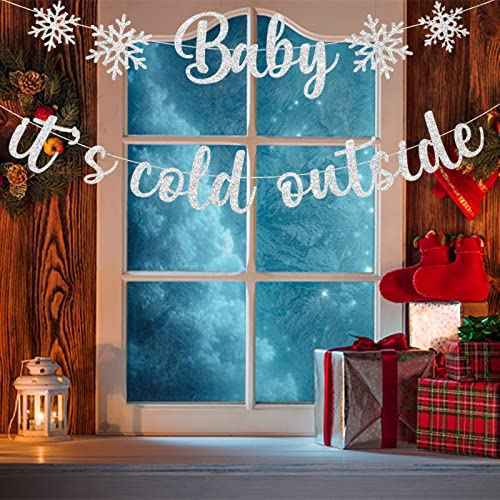 Baby It's Cold Outside Party Decorations Banner Cake Topper, Glittery Snowflake Banner Christmas Decorations Winter Wonderland Baby Shower Holiday Garland Photo Props Banner for Party Home Decorations