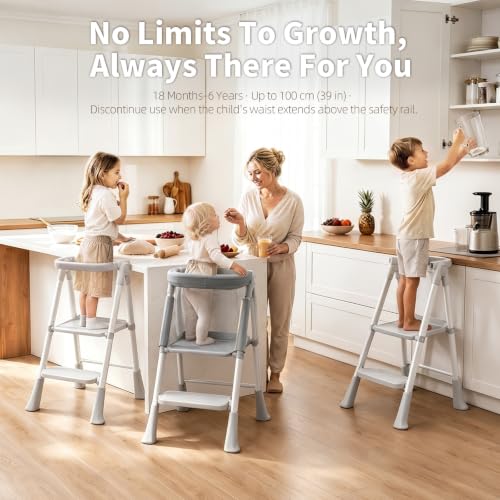 Foldable Toddler Standing Tower - Gray, Montessori Kitchen & Learning Stool for Kids 1.5-6 Years