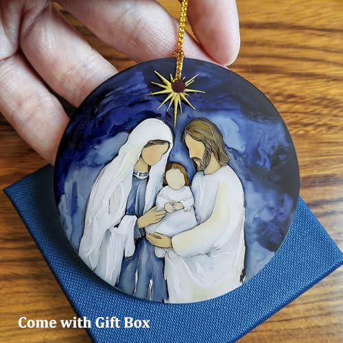Nativity B: Baby Jesus Mary Joseph Ceramic Ornament – 3in, Two-Sided Print, Gift Box