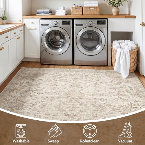 Beauoop 8x10 Beige Vintage Oriental Area Rug for Bedroom - Washable, Low Pile, Non Slip