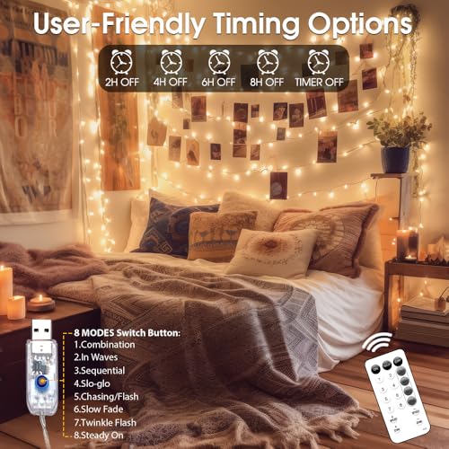 Photo Clips String Lights for Decor: USB Powered 40Ft 120LED 50 Clear Clips - Waterproof/8 Modes/Remote/Timer Fairy Light for Girls Bedroom Dorm Picture Hanging - Christmas Party Wedding Decorations
