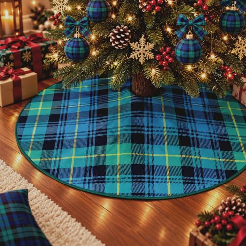 Poen 48 Inch Blue Green Tartan Plaid Christmas Tree Skirt - Festive Holiday Decor